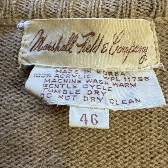 Marshall Field & Co Size 46/XXL Vintage Tan Open Front Sleeveless Tie Cardigan - Picture 2 of 6